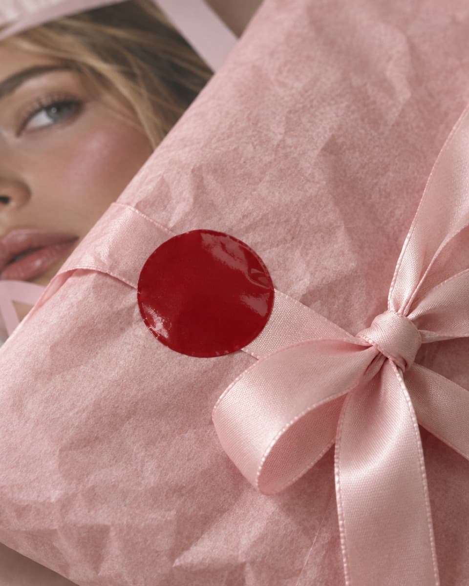 A red seal on pink tissue paper with a satin bow